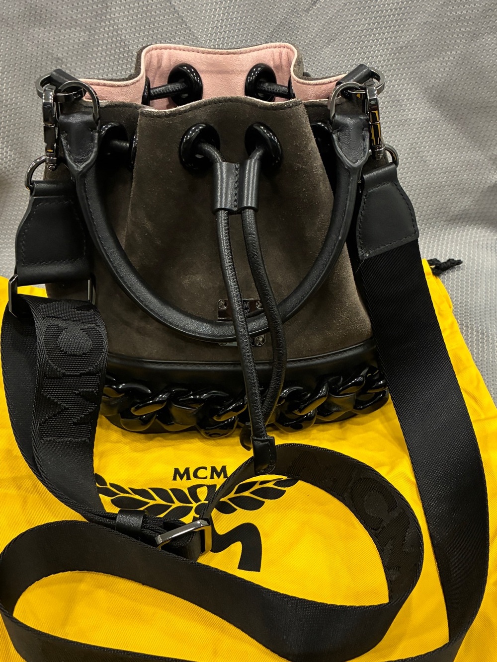 MCM Suede Drawstring Bucket Bag Black Chain Crossbody